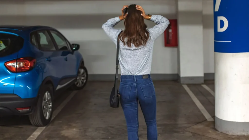 Carro furtado. mulher com as mãos na cabeça ao lado de um carro azul no estacionamento